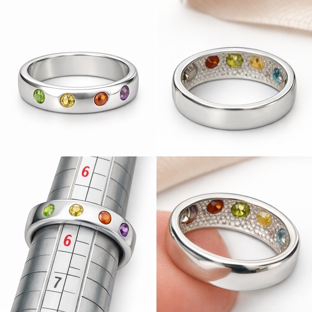 925 Sterling Silver Multi Gemstone Band Ring Size 6 Thai Artisan